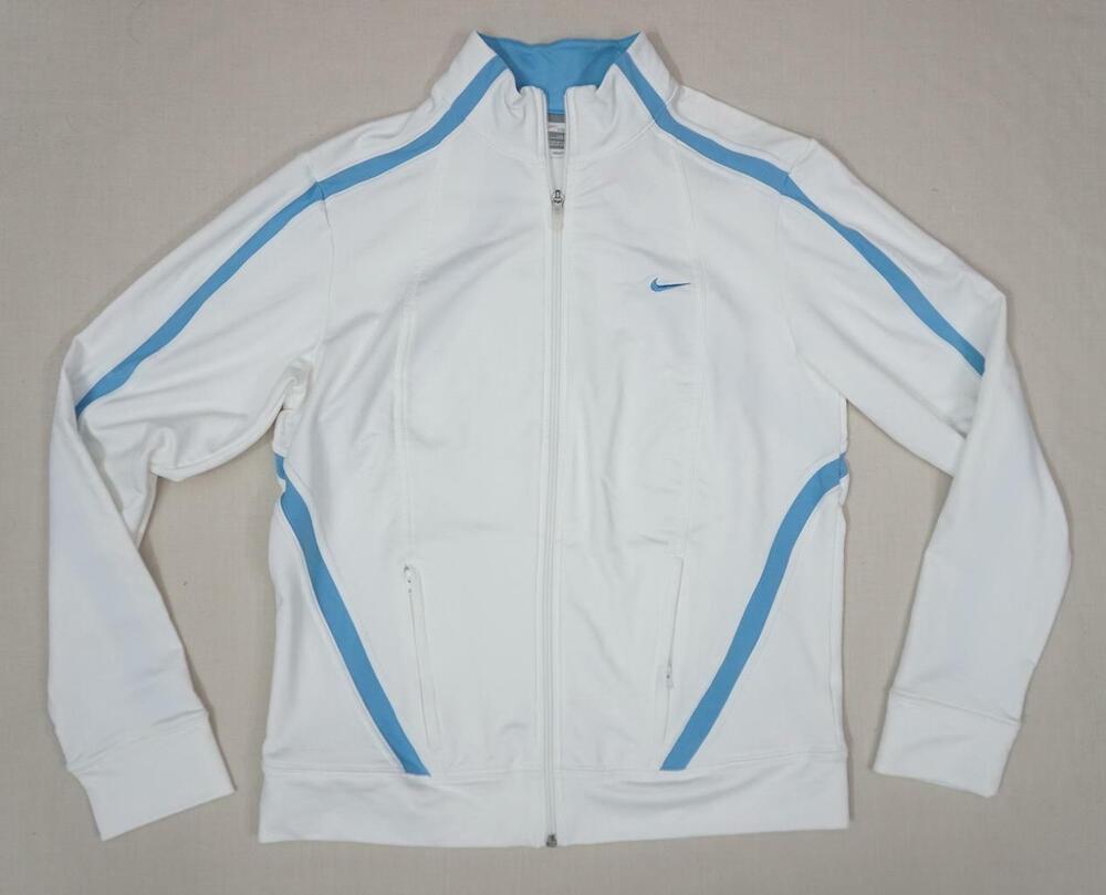 NIKE FIT DRY NEW/SMELL WOMEN L (12-14) WHITE/BLUE TRACK JACKET TENNIS 2006